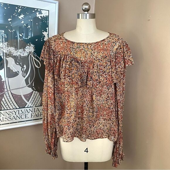 Love Shack Fancy Silk Print Peasant Blouse Sheer Ruffle Boho Floral S - Picture 2 of 10